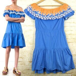 Peter Pilotto Dress 6US Blue Pallas Off Shoulder Cutout Embroider Cotton $1200